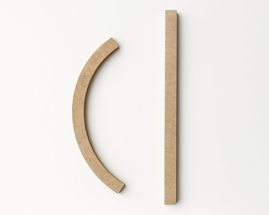 Two unfinished, light brown wooden pieces against a white background. One piece is a long, straight rectangle. The other is a curved, semi-circular shape. Both pieces have a smooth, unpainted surface.
