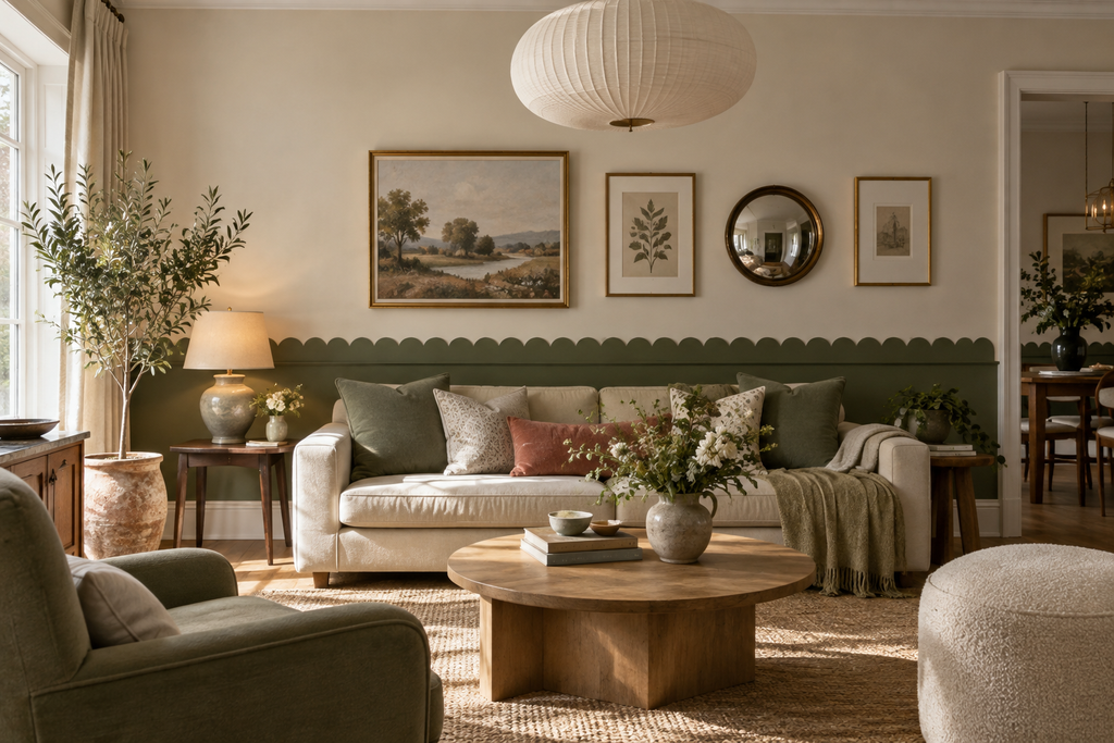 A beautifully styled living room featuring a cream-colored sofa with green and pink accent pillows, a round wooden coffee table, a green armchair, and a dark green wainscoted wall with framed art.