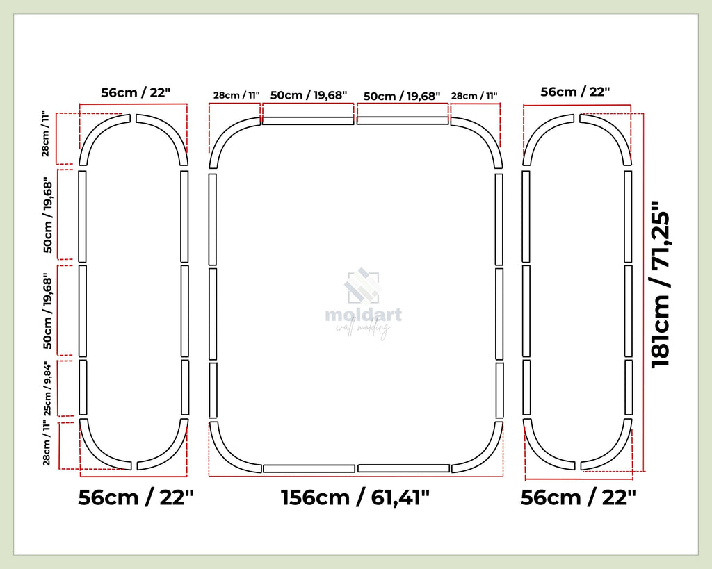 Measurement chart for a product with dimensions labeled in centimeters and inches.