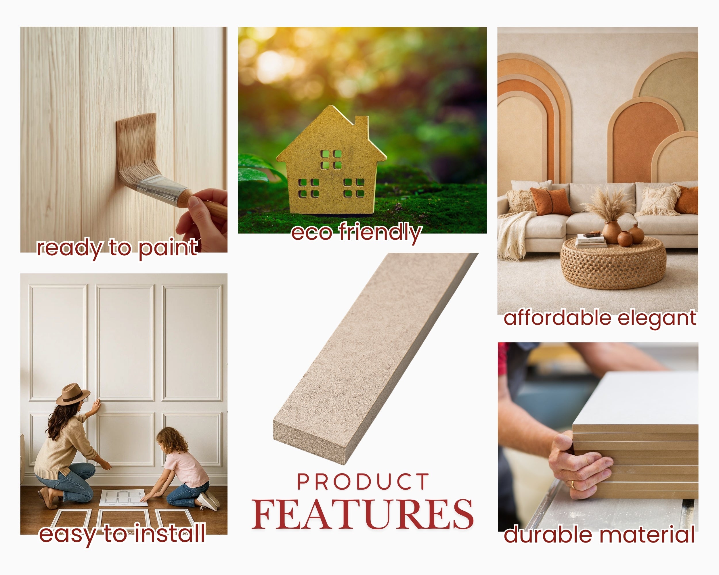 MDF wall molding kit features including ready to paint eco friendly easy to install durable material affordable elegant