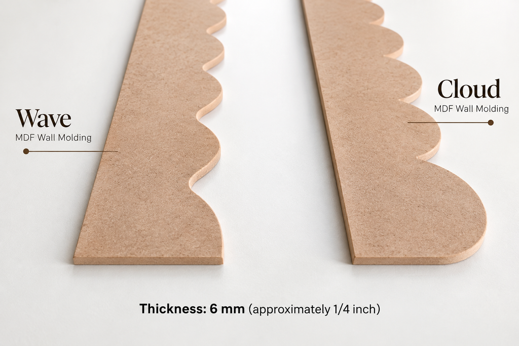 Two light brown MDF wall molding pieces with scalloped edges on a white background, labeled 'Wave' and 'Cloud' with text indicating thickness is 6 mm (approximately 1/4 inch).