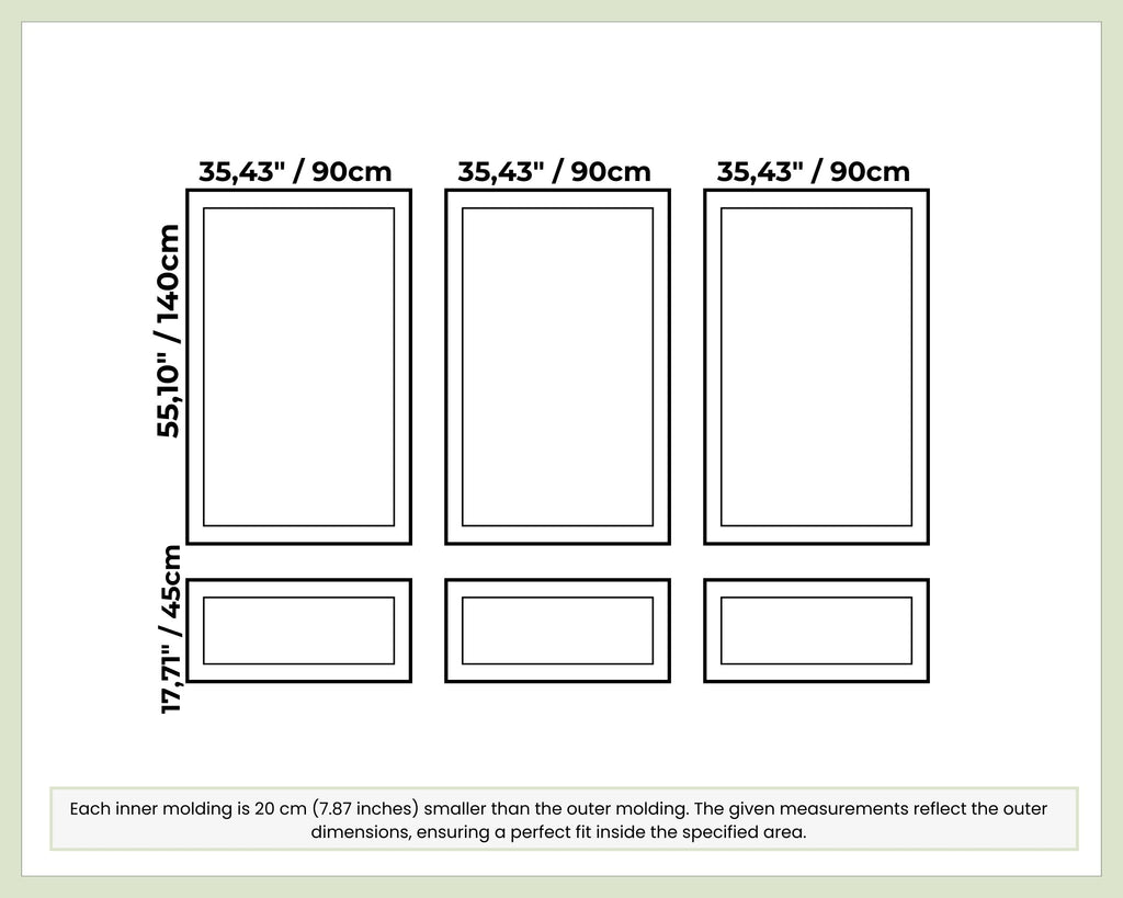 Measurement chart for wall molding frames with dimensions in centimeters and inches.