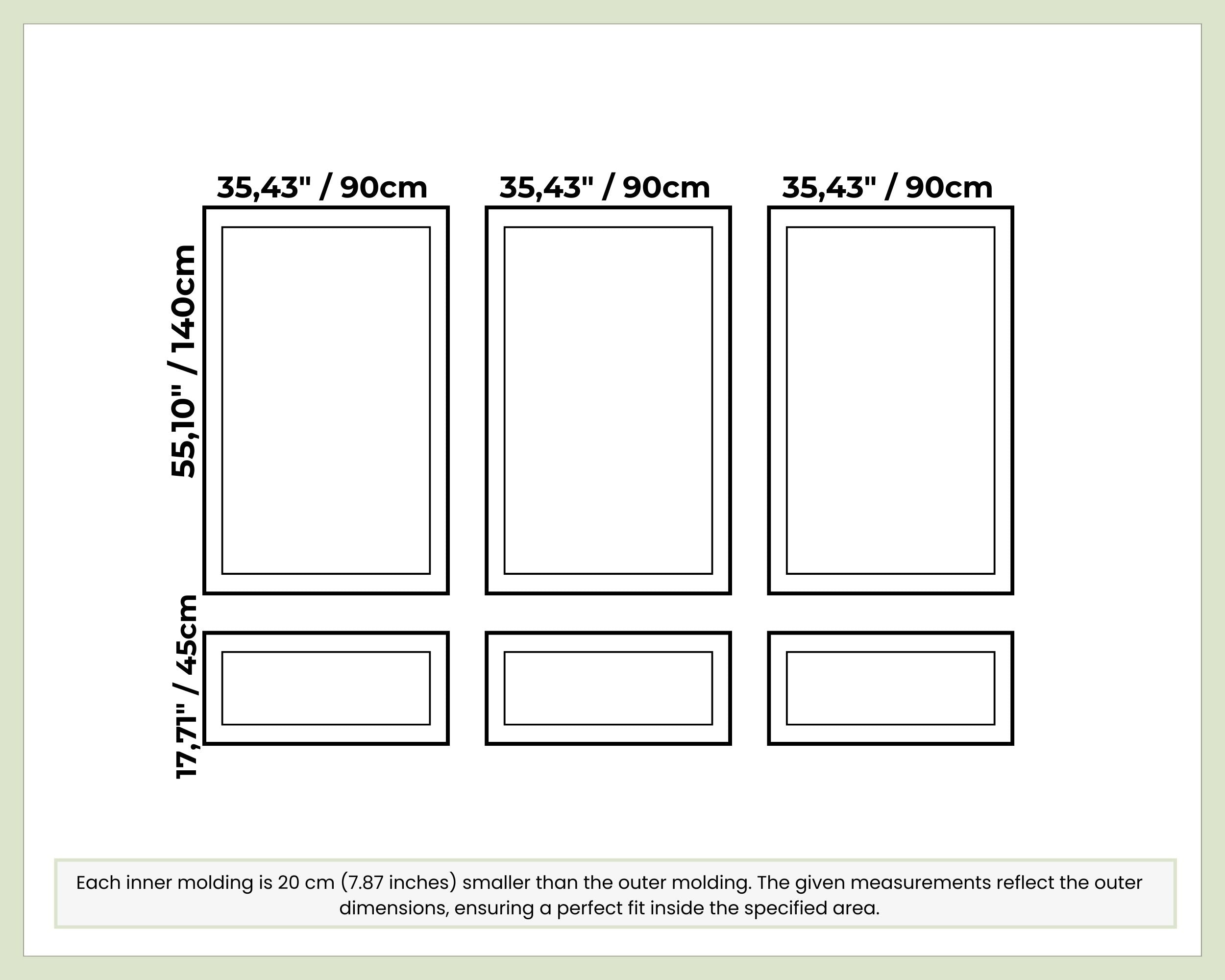 Measurement chart for wall molding frames with dimensions in centimeters and inches.