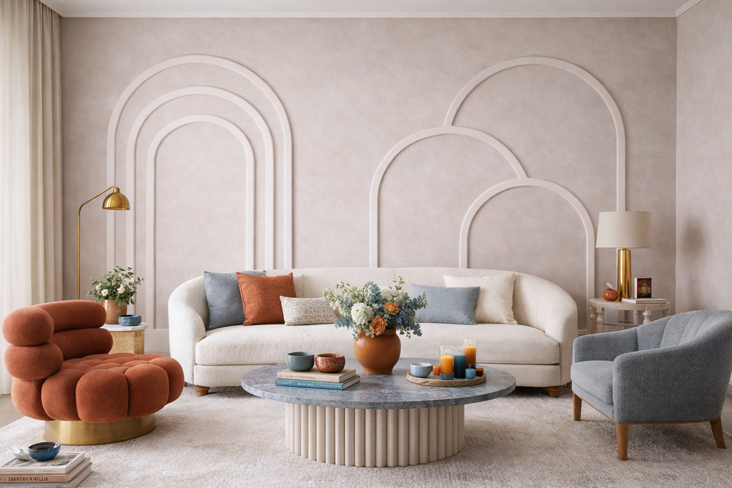 Mixed Nested Triple and Layered Boho arch wall panel composition for a modern living room with a white sofa, orange armchair, and gray chair.