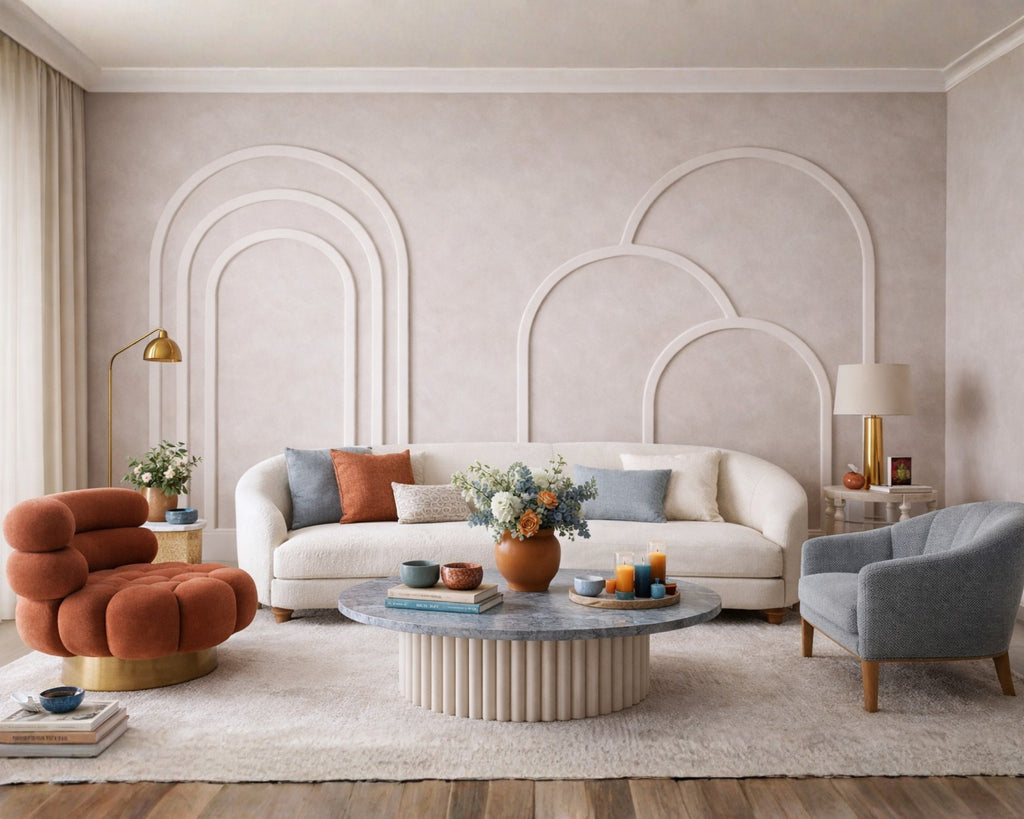Mixed Nested Triple and Layered Boho arch wall panel composition for a modern living room with a white sofa, orange armchair, and gray chair.