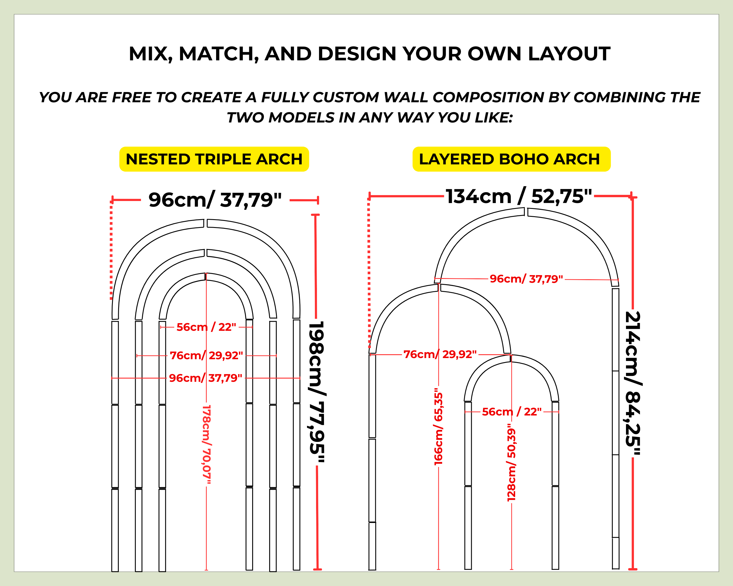 Architectural design elements with measurements for Nested Triple Arch and Layered Boho Arch.