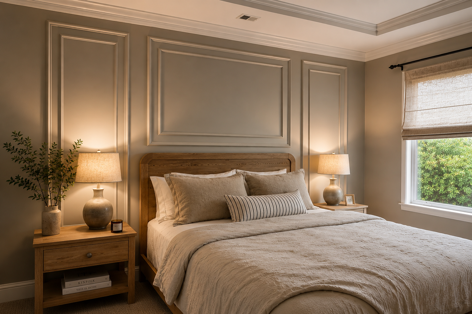 A styled bedroom interior featuring a neatly made bed with beige bedding, a wooden headboard, matching nightstands, lit table lamps, and a window with a beige roller shade.