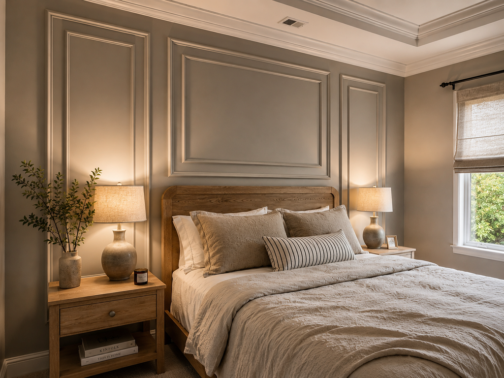 A beautifully styled bedroom featuring a bed dressed in neutral beige and cream linens, flanked by matching wooden nightstands with lit table lamps. The background wall is decorated with elegant gray panel molding, and a window with a beige roller shade is visible on the right.