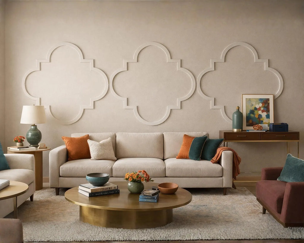 Modern clover wall molding on the living room wall with a beige sectional sofa, decorative pillows, and a coffee table.