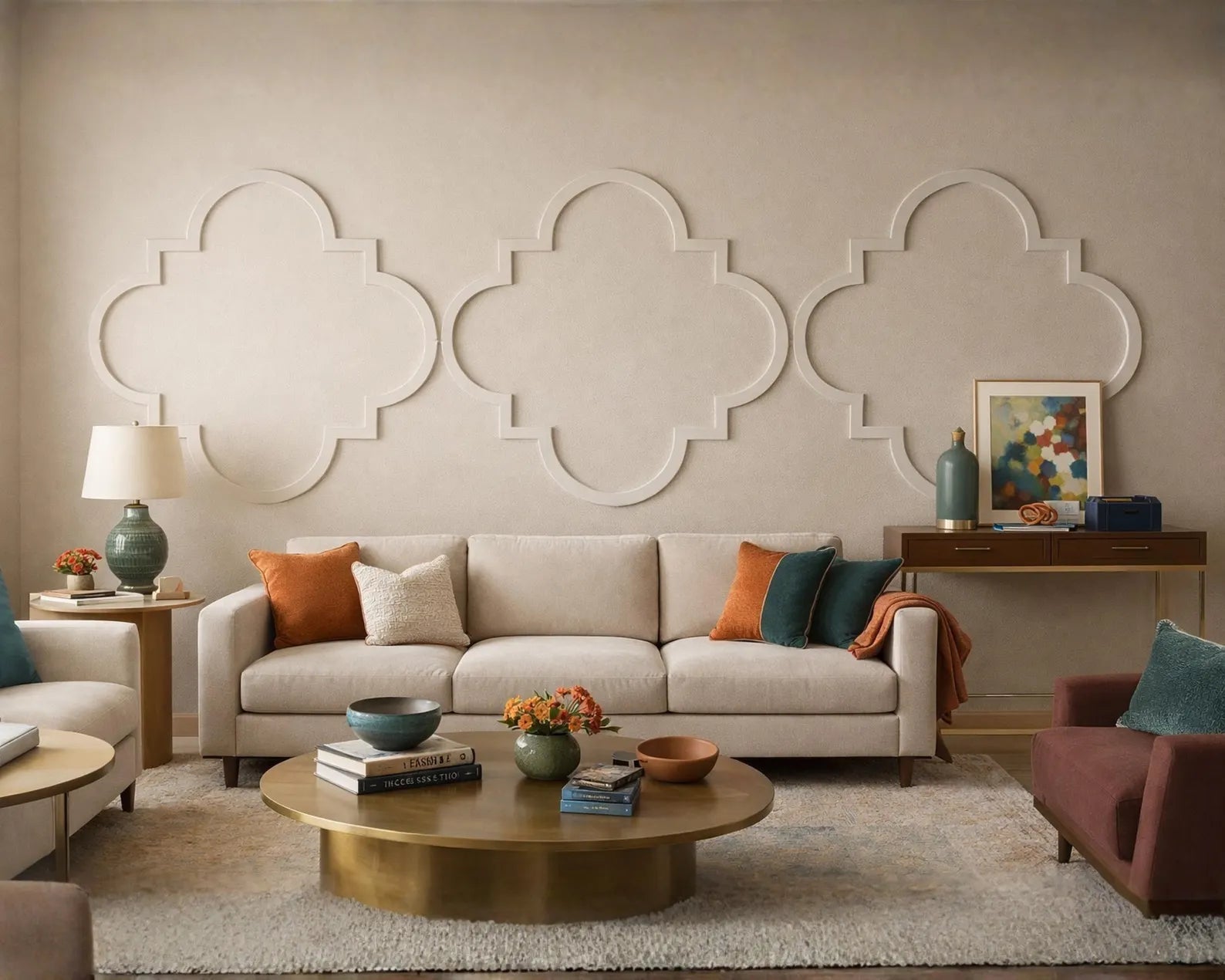 Modern clover wall molding on the living room wall with a beige sectional sofa, decorative pillows, and a coffee table.