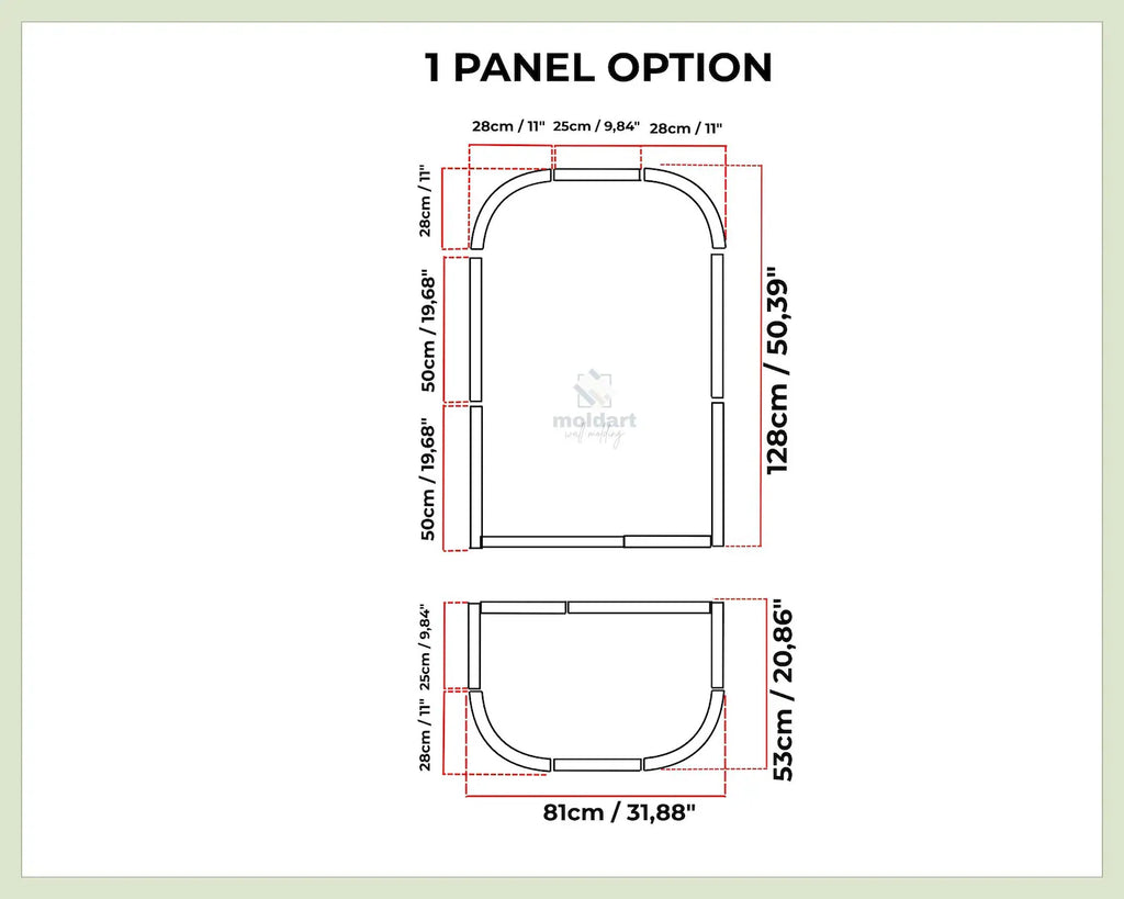 Modern curved wall molding panels measurement chart for a 1-panel option with dimensions in centimeters and inches.