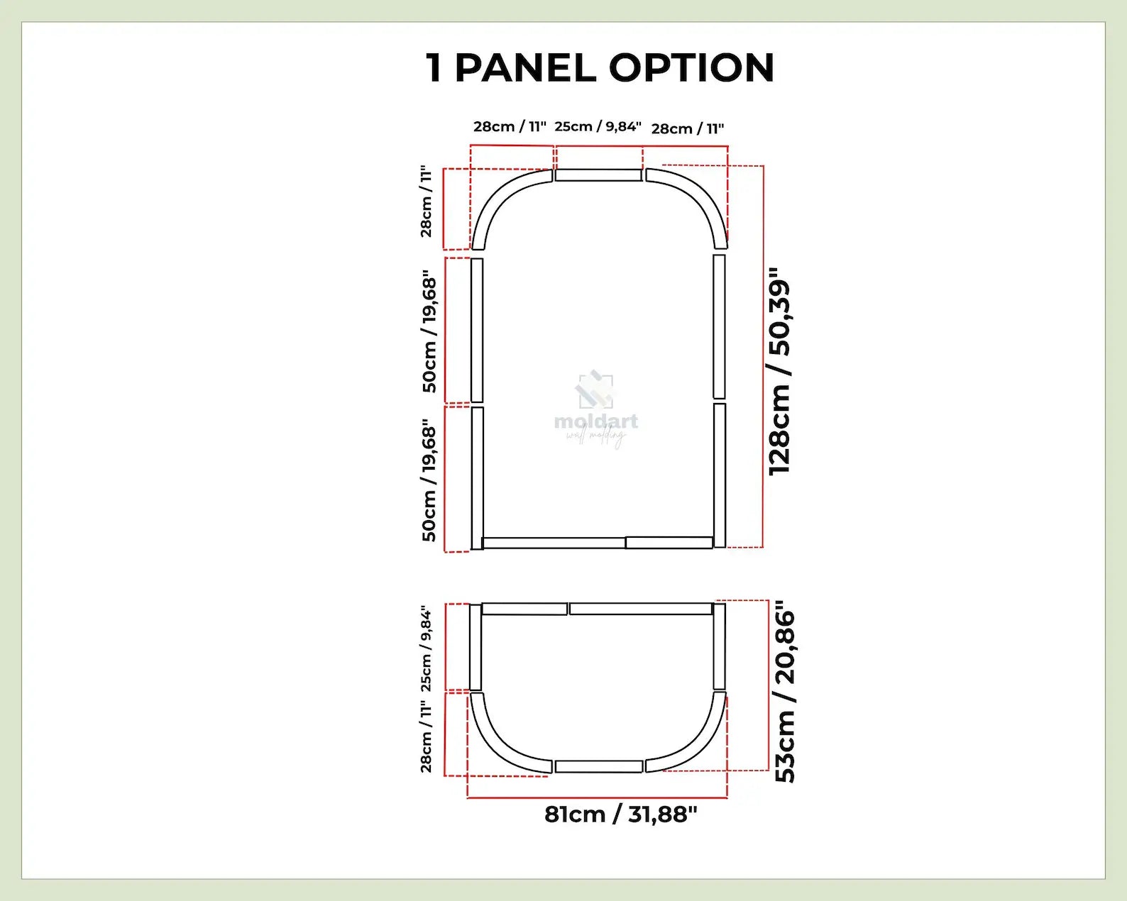 Modern curved wall molding panels measurement chart for a 1-panel option with dimensions in centimeters and inches.