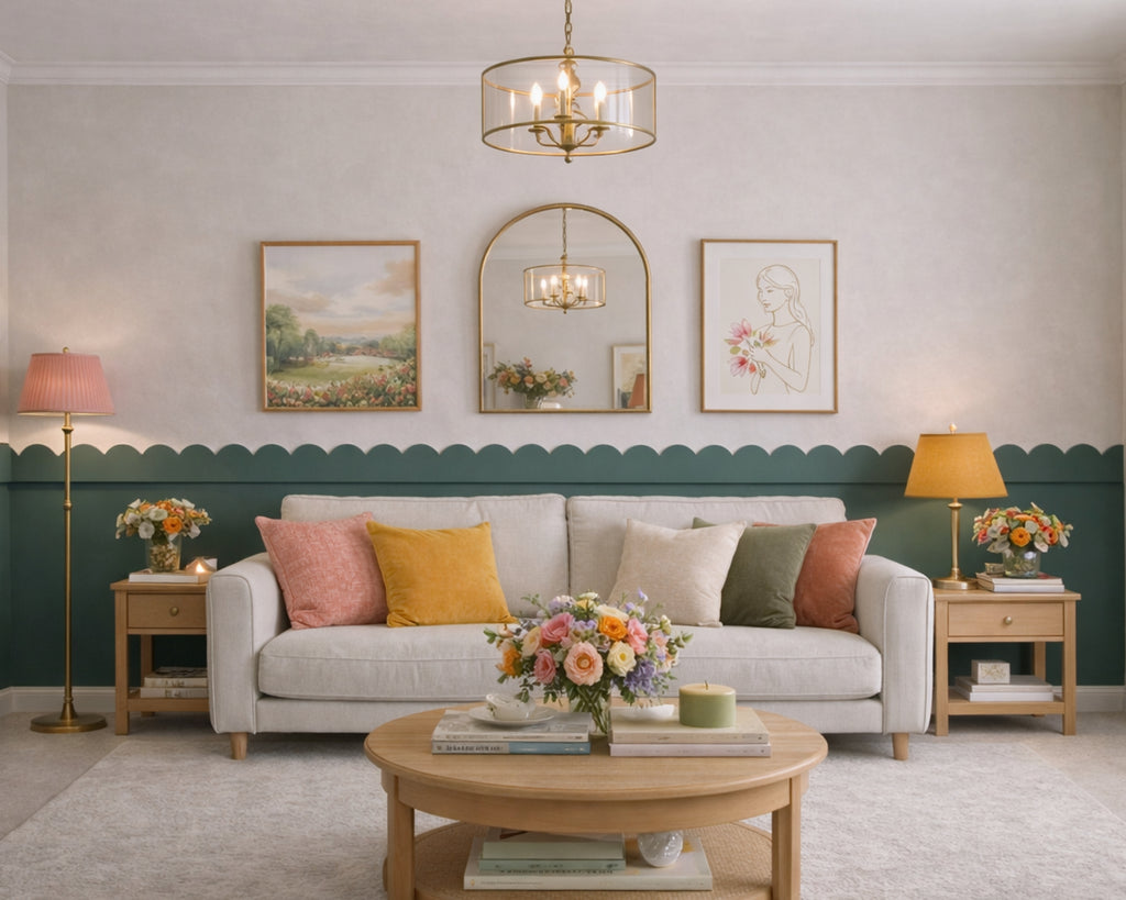 Modern wave wall molding panels for elegant interiors. Living room with a gray sofa, colorful cushions, and decorative elements.