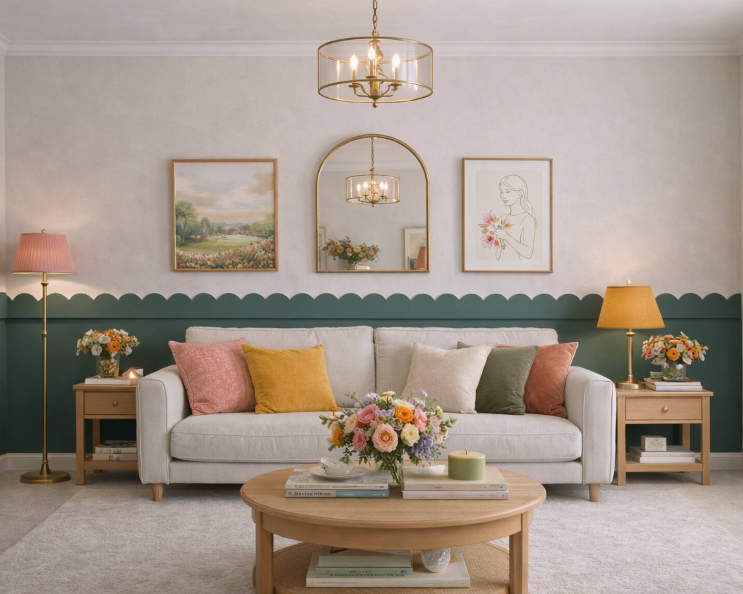 Modern wave wall molding panels for elegant interiors. Living room with a gray sofa, colorful cushions, and decorative elements.