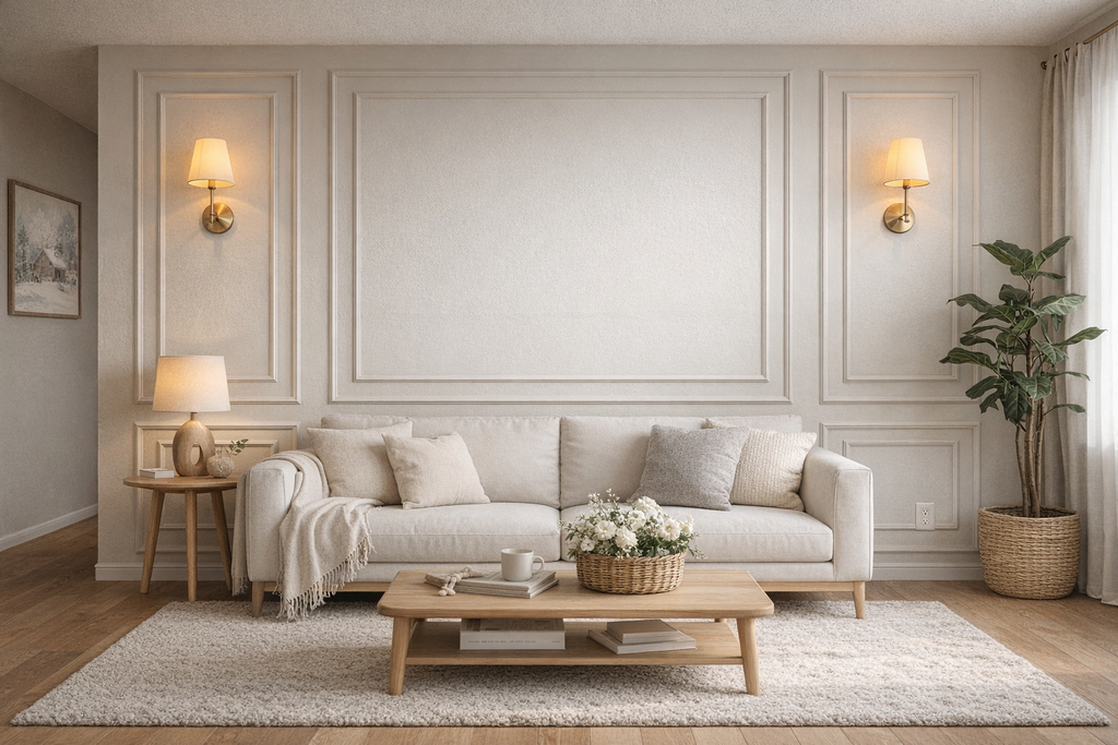 Nested frame wall molding kit with precut decorative wall panels for elegant accent wall and modern wall trim design- Modern living room with a beige sofa, wooden coffee table, and decorative elements.