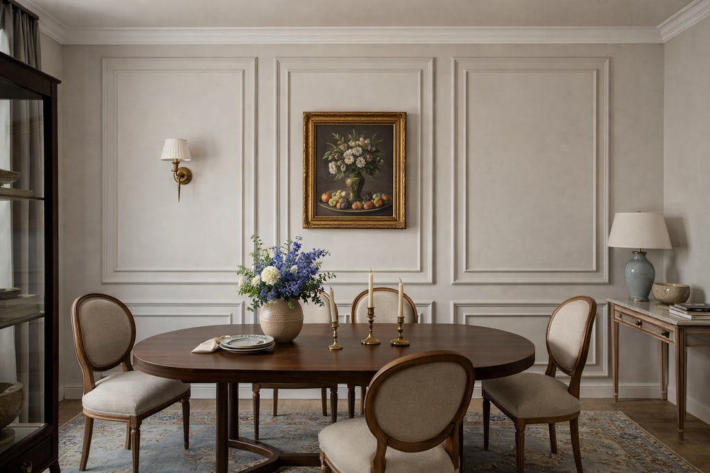 Nested frame wall panel molding kit for dining room with a wooden table, chairs, and wall art.