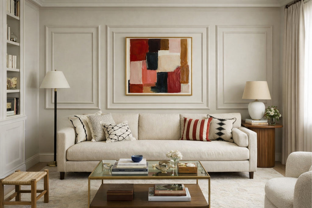 Nested frame wall trim kit for decorative accent wall with modern picture frame molding panels
