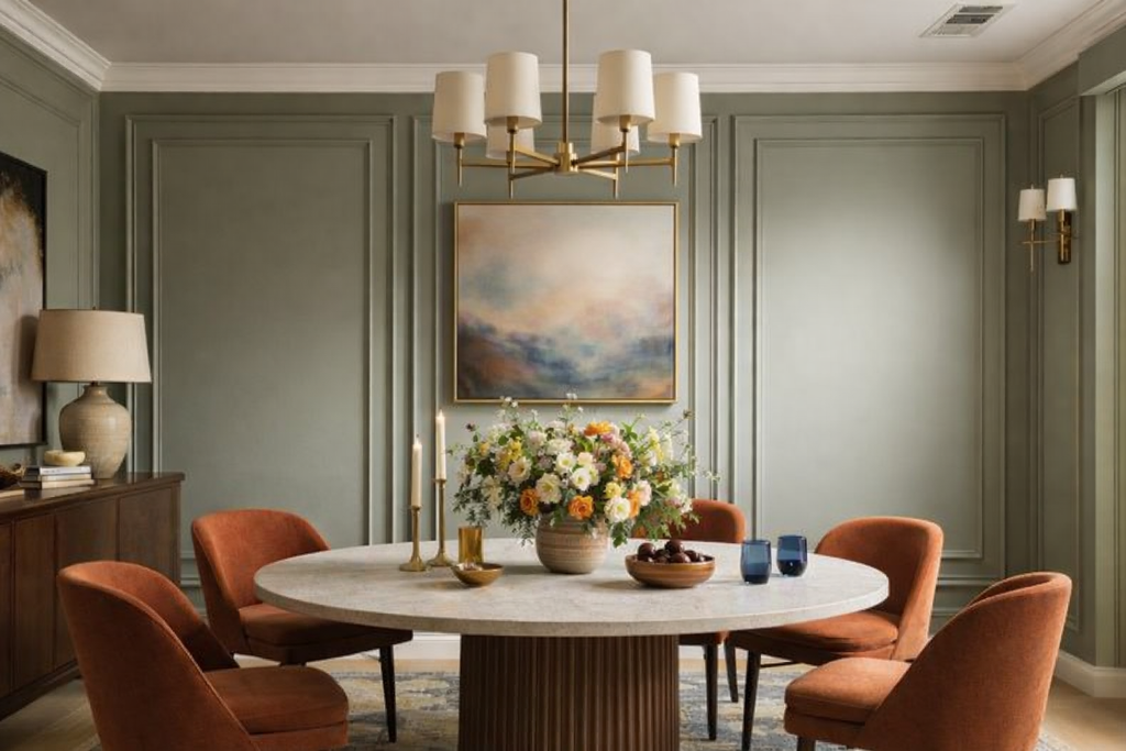 Nested rectangle wall molding kit with decorative trim panels for modern accent wall design- Elegant dining room with a round table, chairs, and decorative elements.