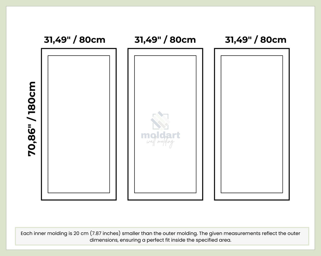 wall molding kit measurements diagram showing panel dimensions in inches and centimeters.