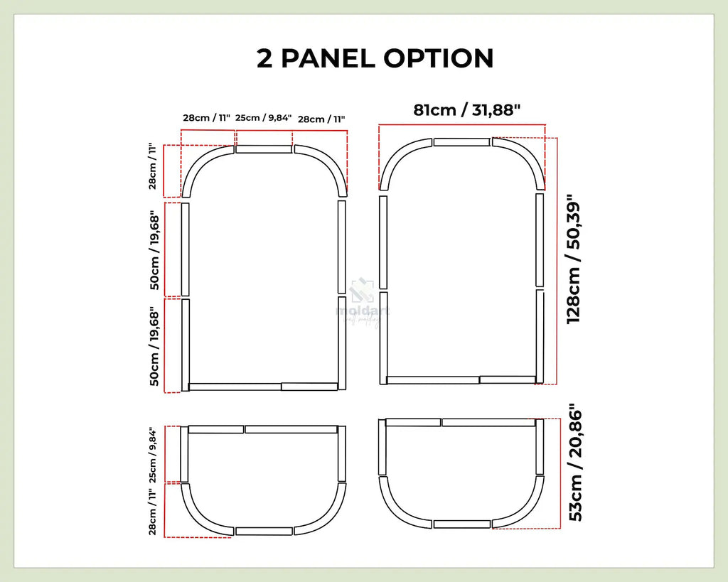 Paint-ready MDF wall molding panels dimensions of a 2-panel option with measurements in centimeters and inches.
