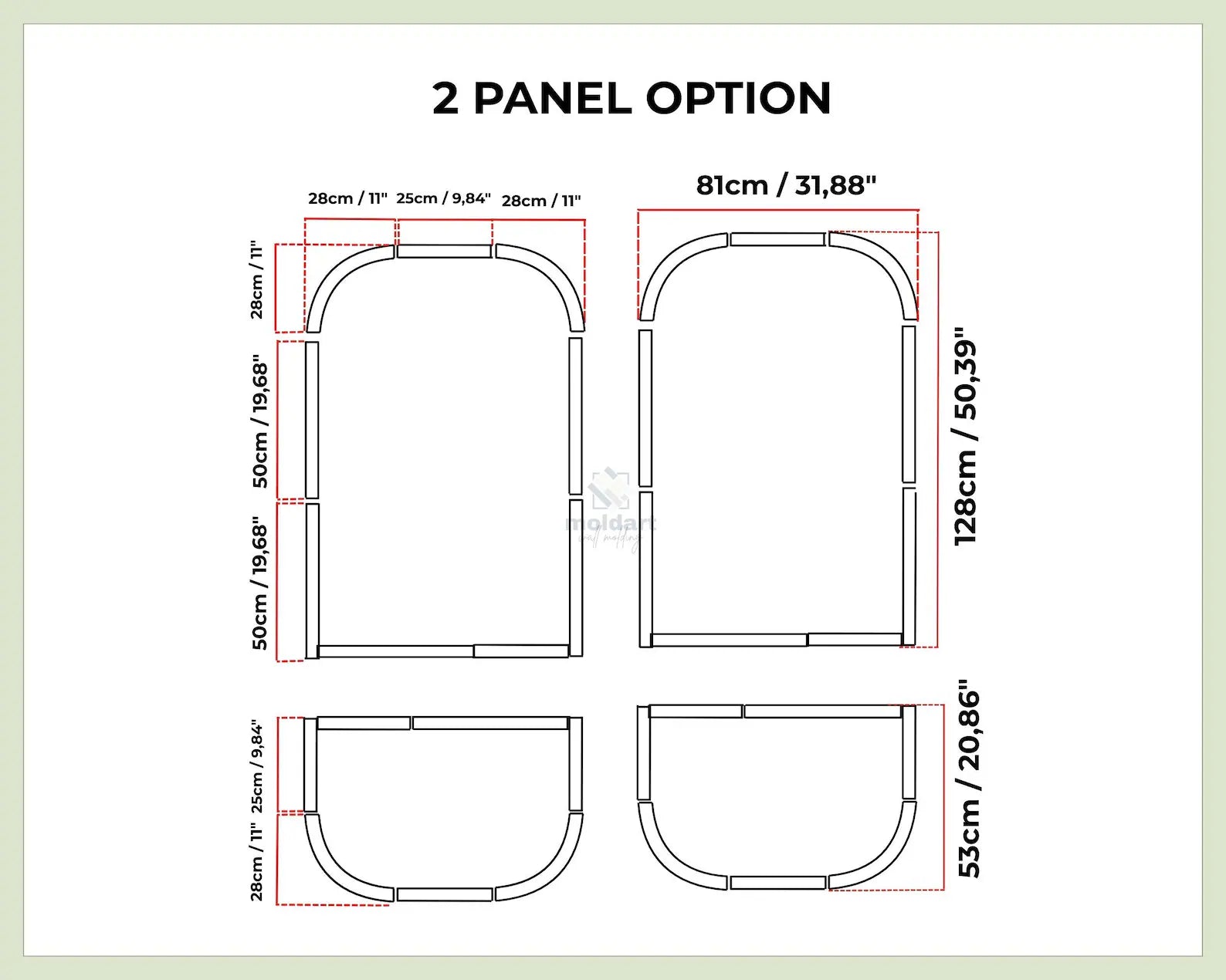 Paint-ready MDF wall molding panels dimensions of a 2-panel option with measurements in centimeters and inches.