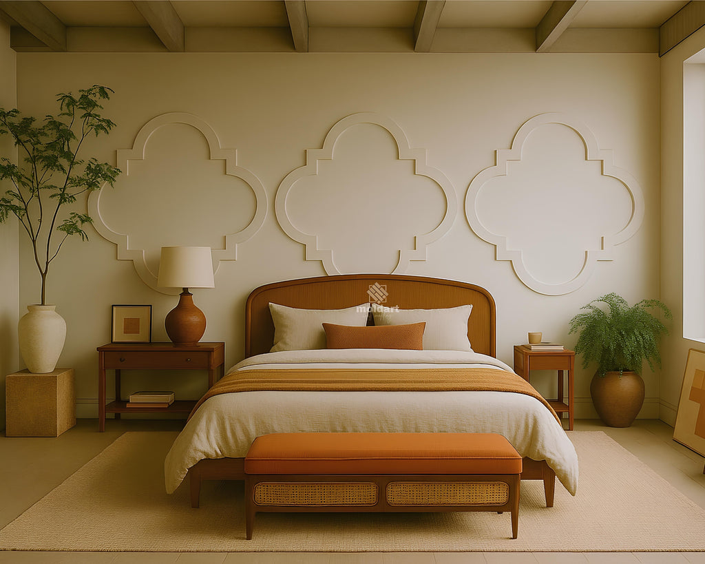 Bedroom with a wooden bed, orange bench, and decorative MDF  floral wall trim patterns.