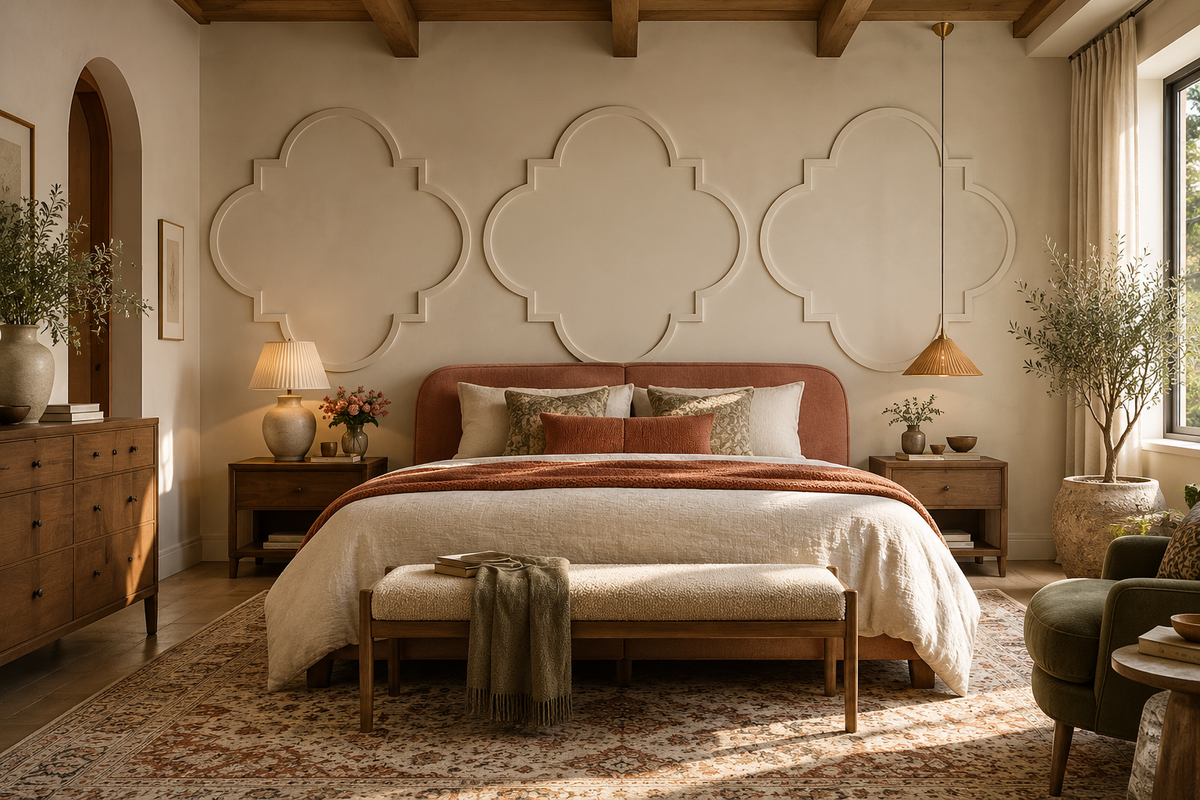 A beautifully styled bedroom featuring a bed with a dusty rose headboard, beige and rust bedding, a matching bench at the foot, and a large decorative quatrefoil wall design behind it. The room has warm wood ceiling beams, wooden nightstands, a patterned area rug, and soft natural light from a window.