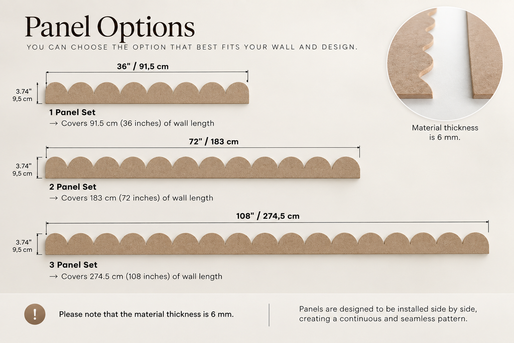 Panel options chart showing three length options for a scalloped wall panel: 36 inches (91.5 cm), 72 inches (183 cm), and 108 inches (274.