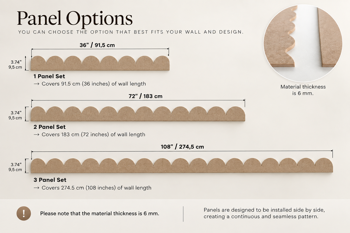 Panel options chart showing three length options for a scalloped wall panel: 36 inches (91.5 cm), 72 inches (183 cm), and 108 inches (274.