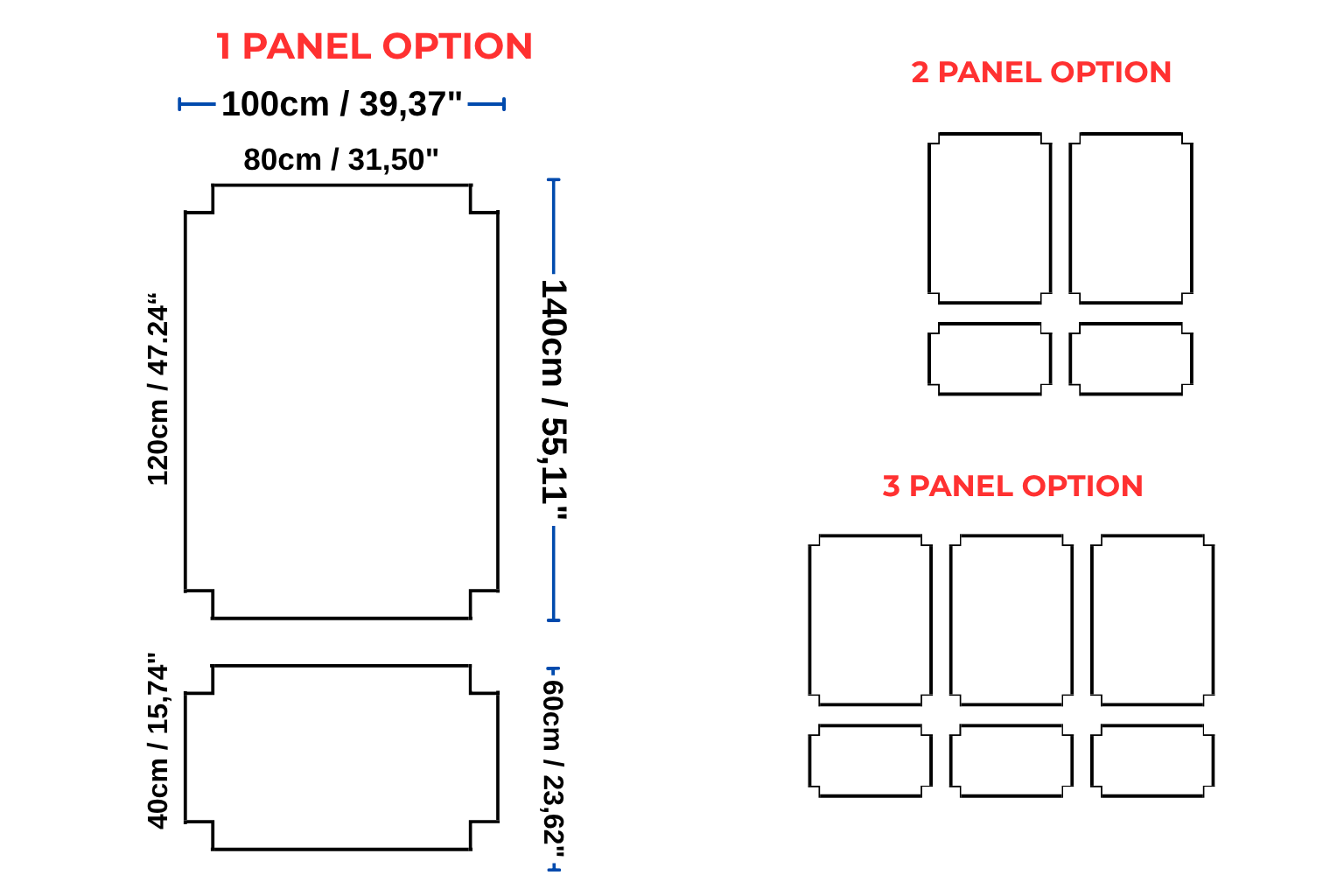 Diagram showing different panel options with dimensions in centimeters and inches.