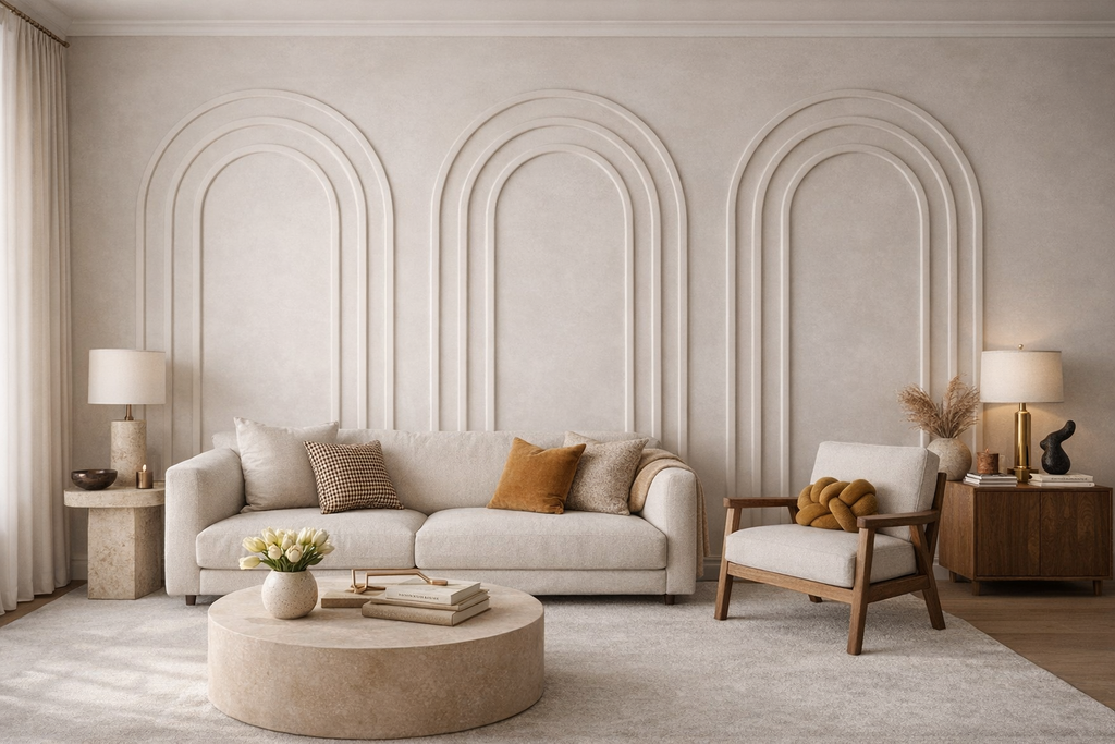Pre-cut MDF Nested Triple Arch wall molding panels installed in a modern living room with beige sofa, armchair, and decorative elements.