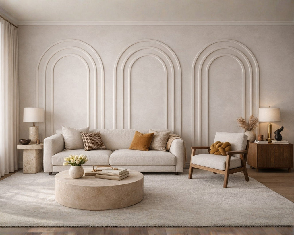 Pre-cut MDF Nested Triple Arch wall molding panels installed in a modern living room with beige sofa, armchair, and decorative elements.