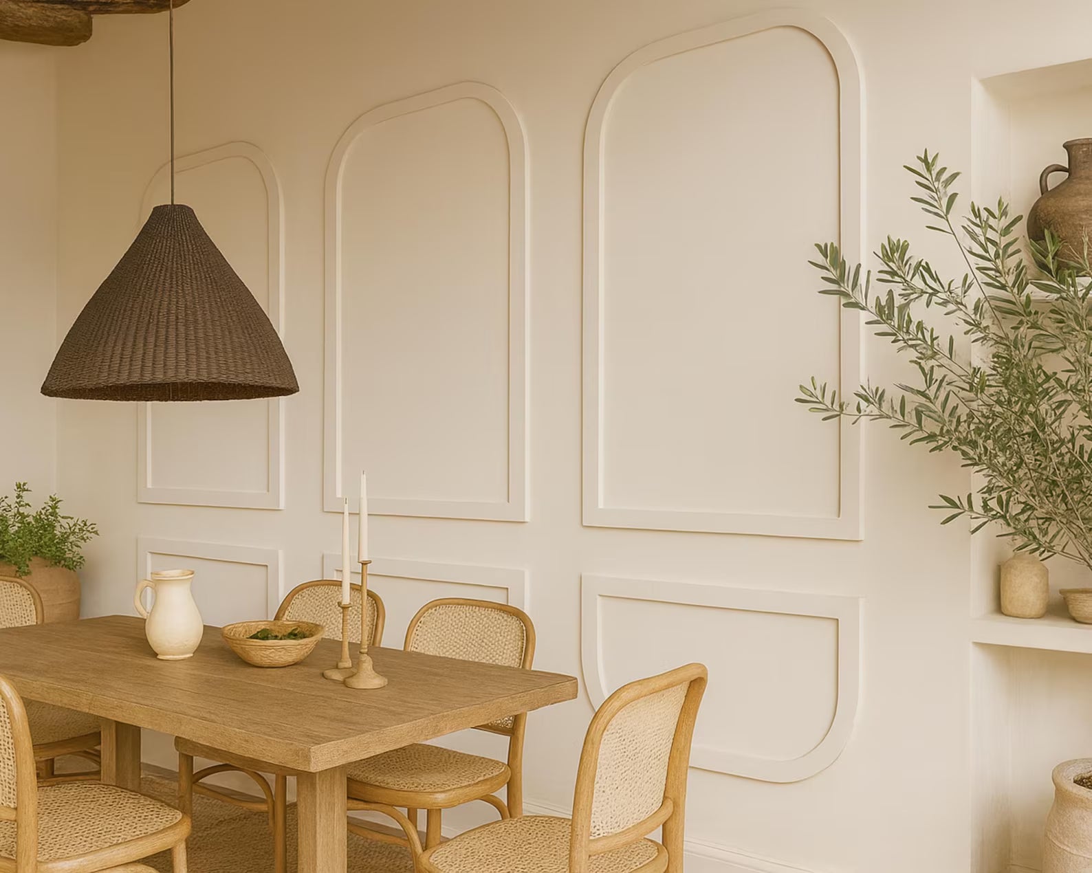 Pre-cut MDF arched wall molding kit installed in Mediterranean dining room with wooden table and chairs, decorative elements, and a textured pendant light.