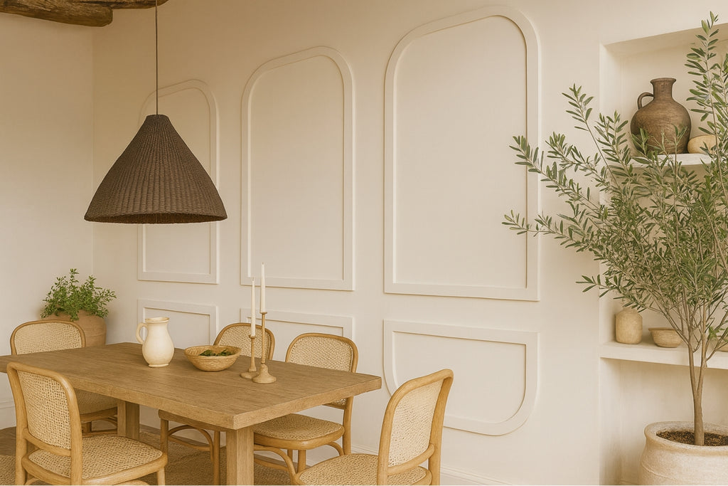 A warm, minimalist dining room scene featuring a light wood dining table and woven cane chairs, under a dark brown textured pendant light. The background consists of elegant cream-colored wall paneling with arched recesses, and a large potted olive tree stands on the right on a white shelf.