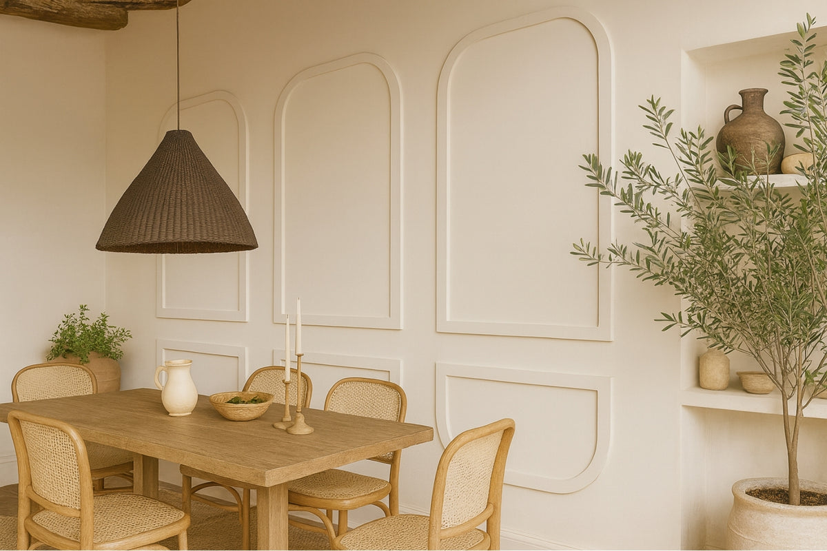 A warm, minimalist dining room scene featuring a light wood dining table and woven cane chairs, under a dark brown textured pendant light. The background consists of elegant cream-colored wall paneling with arched recesses, and a large potted olive tree stands on the right on a white shelf.