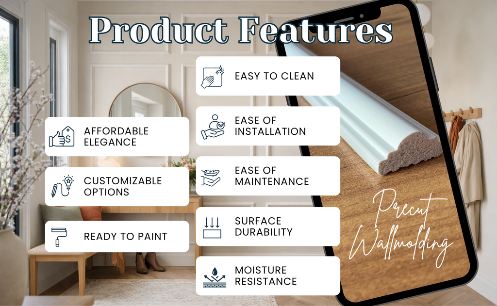 Wall molding kit overview with all features including precut molding easy installation durable wall panel trim ready to paint affordable easy to clean