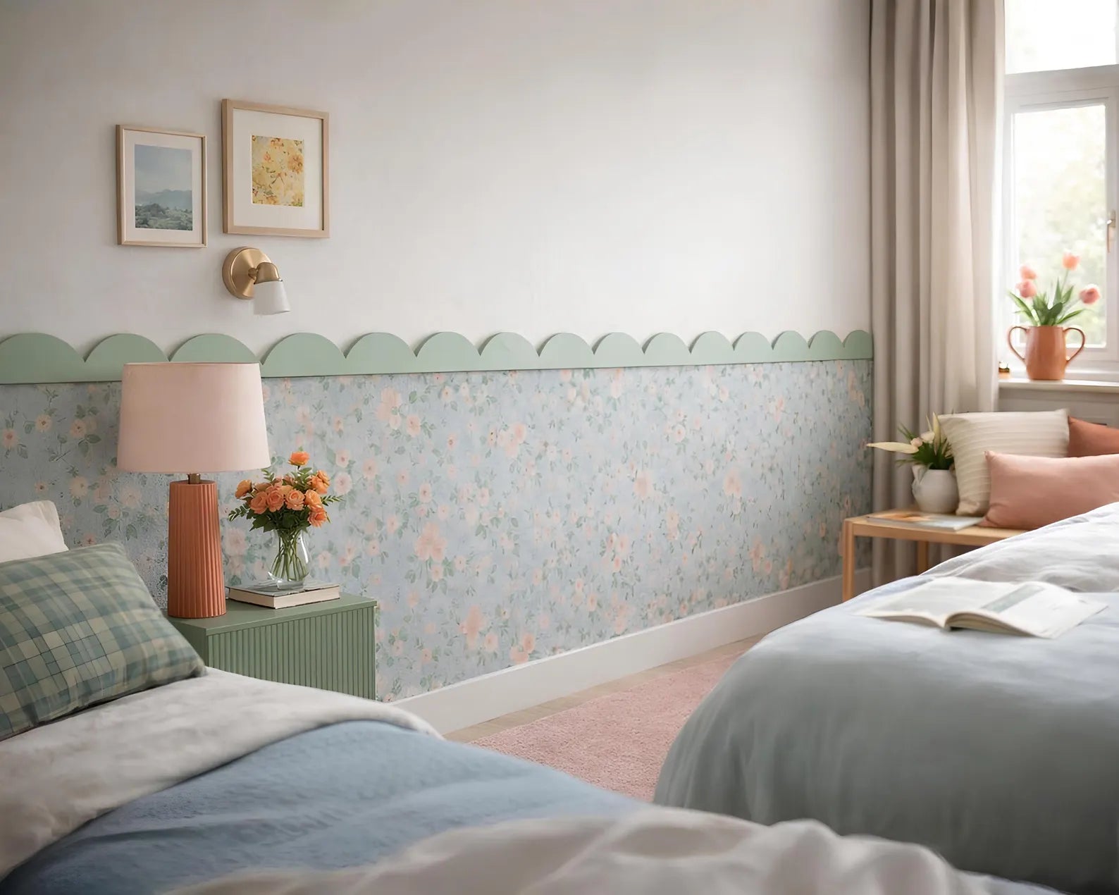 Cozy bedroom with floral wallpaper, two beds, and decorative scallop MDF wall molding elements.