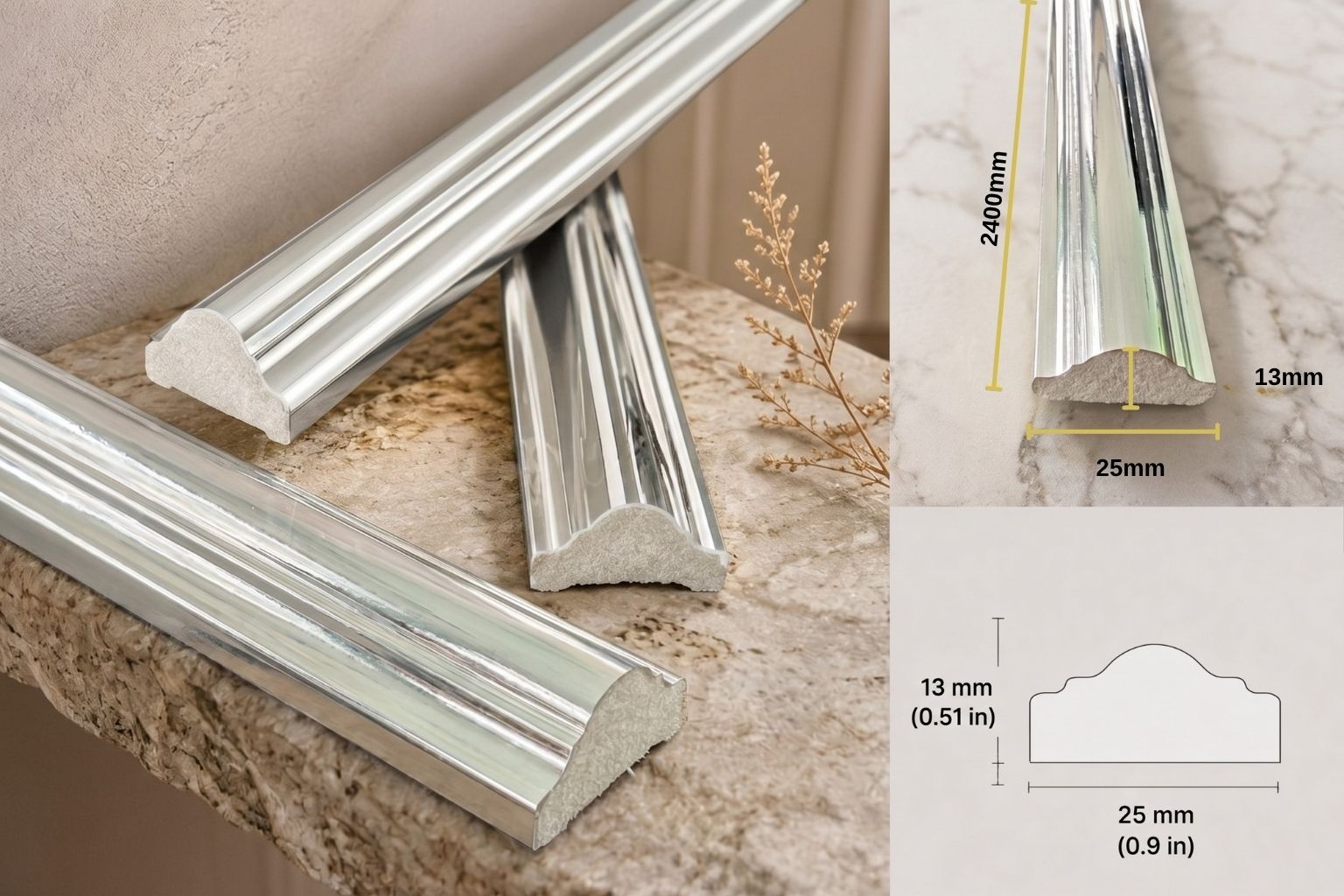 Silver metallic molding trim pieces displayed on a stone surface, with inset technical dimension diagrams showing cross-section measurements of 13 mm and 25 mm.