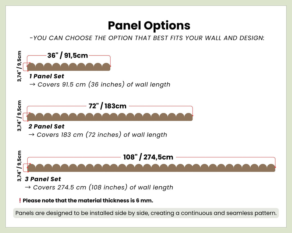 Panel options for wall design with measurements and installation instructions.