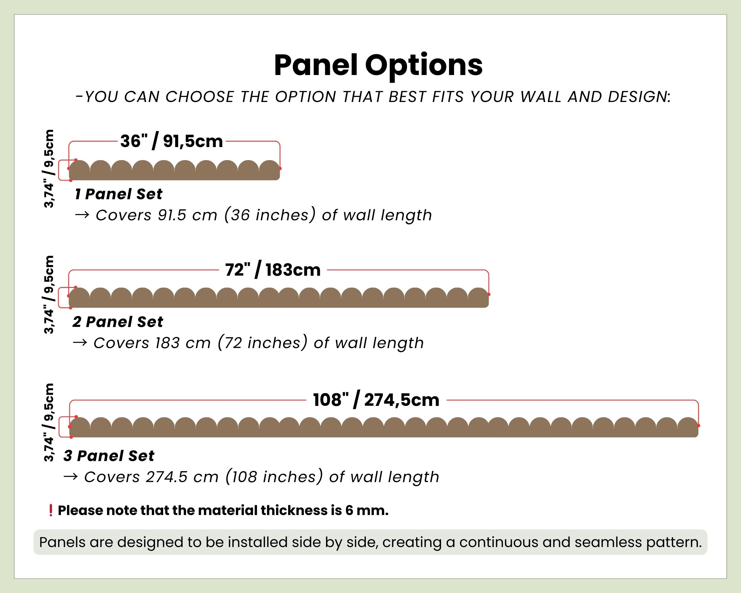 Panel options for wall design with measurements and installation instructions.
