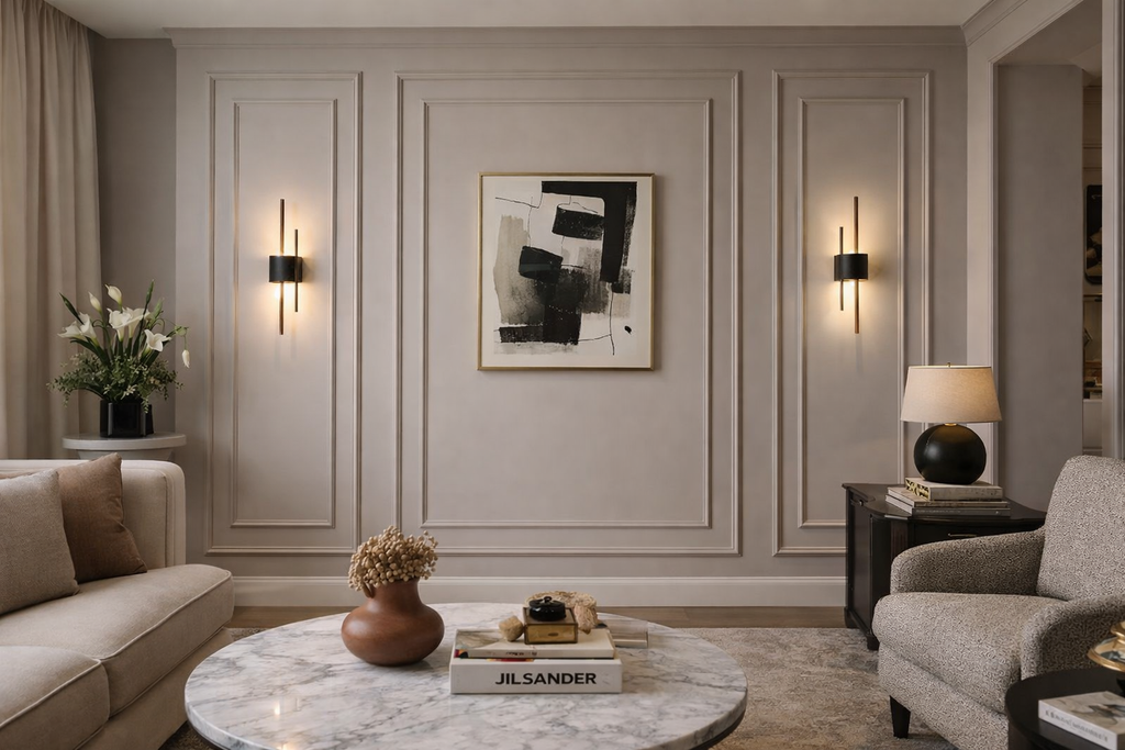 Three panel nested frame wall molding kit for Modern living room with neutral tones, marble coffee table