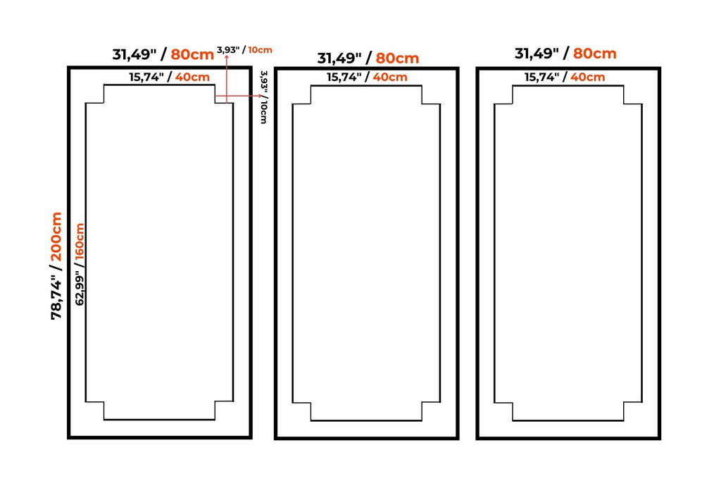 Three rectangular frame size diagrams on a white background, each showing inner dimensions in centimeters and orange text labels indicating measurements such as 31,49 inches, 80cm, and 15,74 inches.