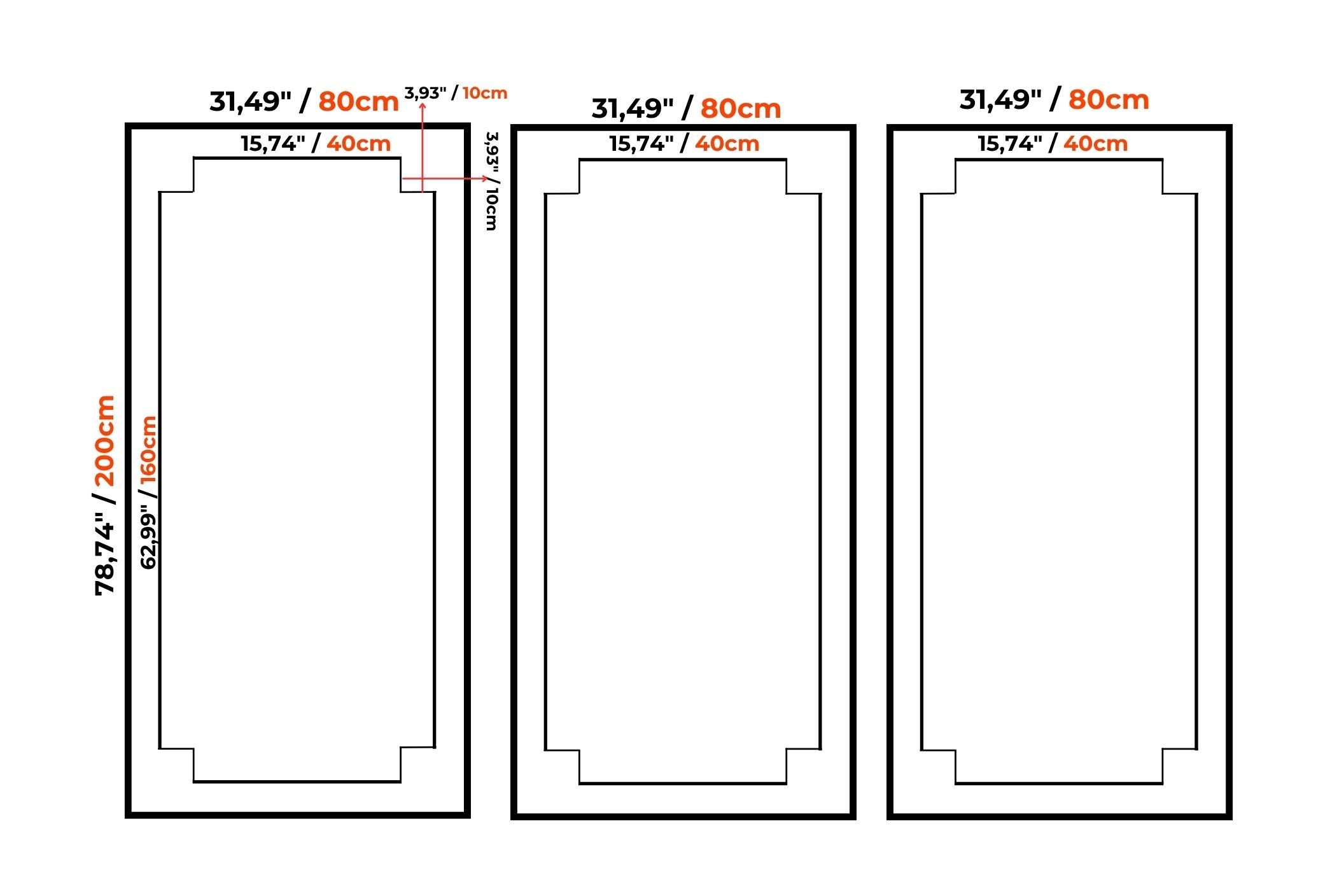 Three rectangular frame size diagrams on a white background, each showing inner dimensions in centimeters and orange text labels indicating measurements such as 31,49 inches, 80cm, and 15,74 inches.