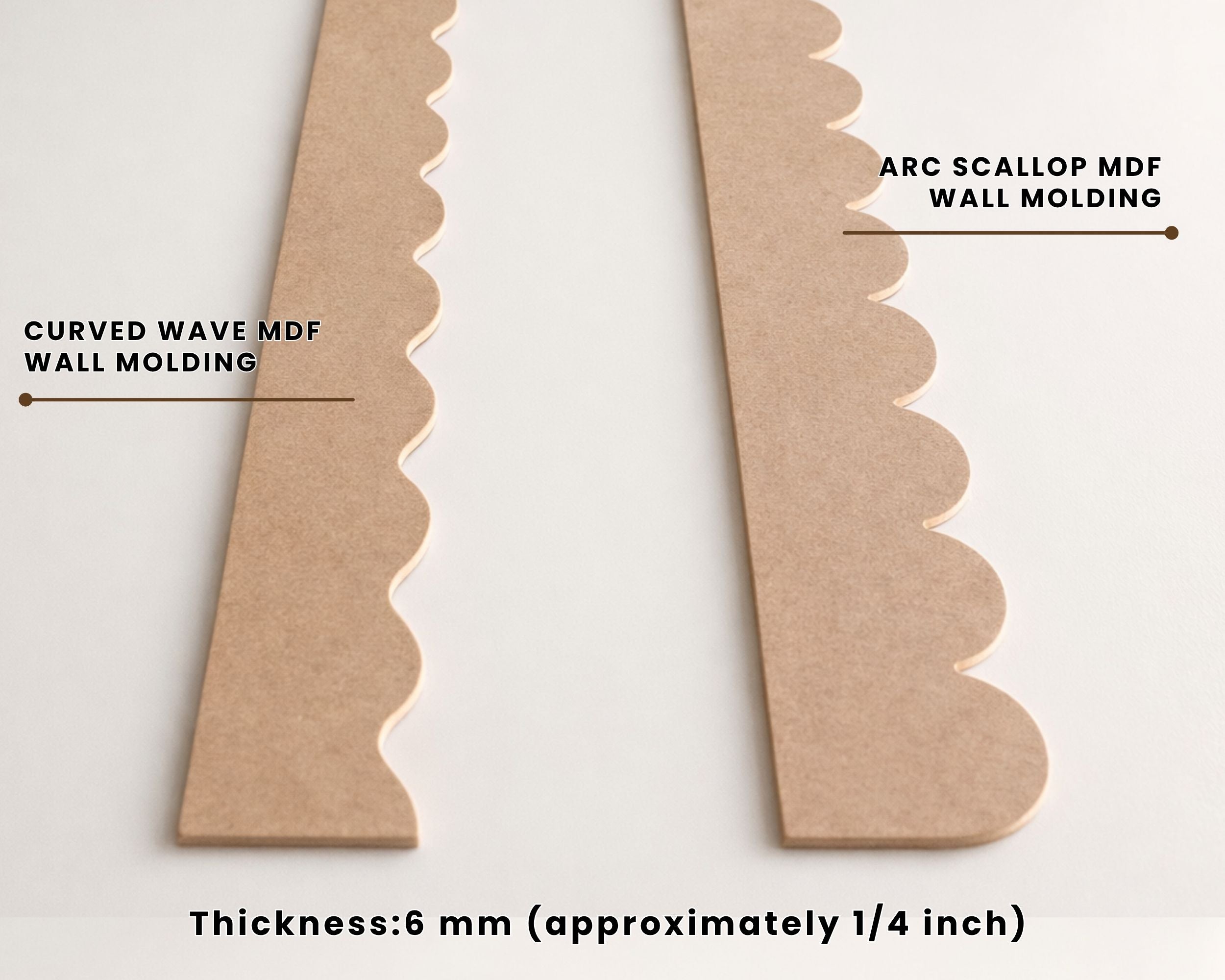 Two pieces of MDF wall molding with different patterns on a white background.
