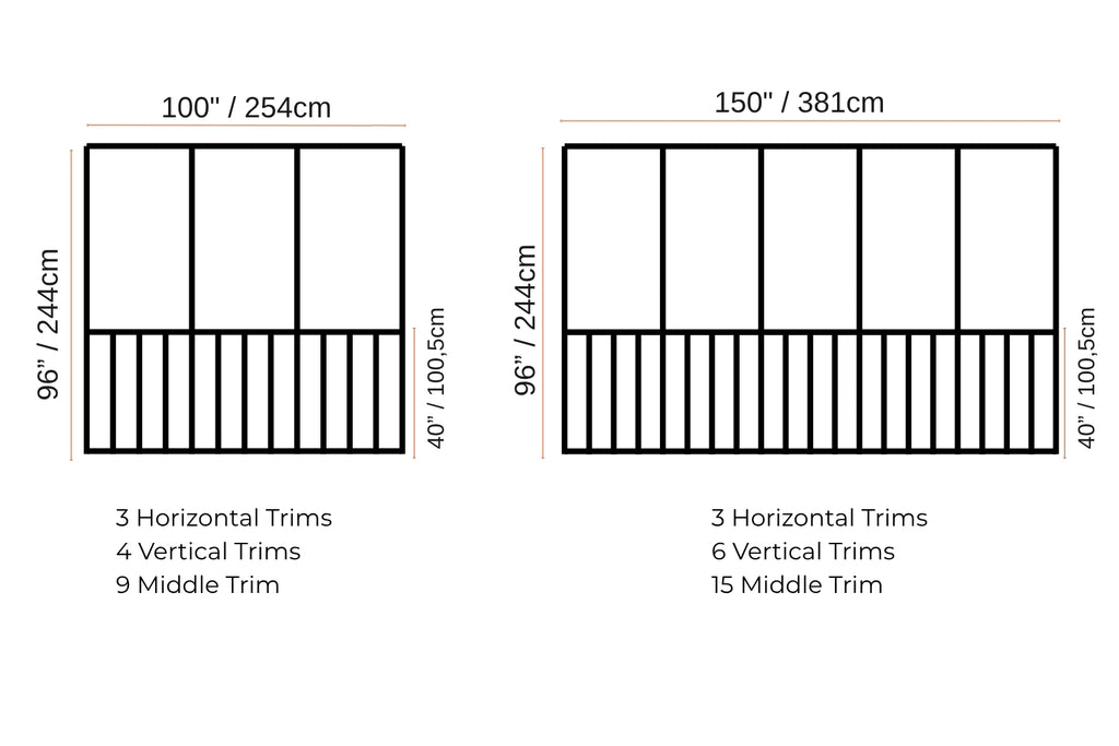 Diagram showing measurements and trim configurations for two different window designs.
