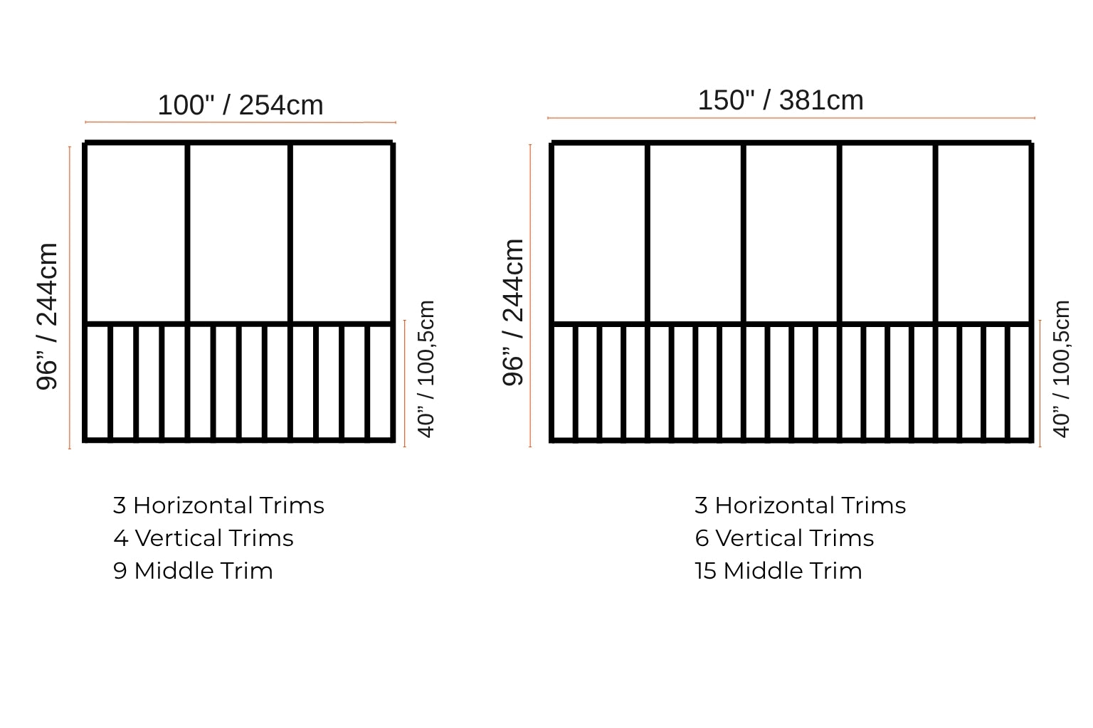 Diagram showing measurements and trim configurations for two different window designs.
