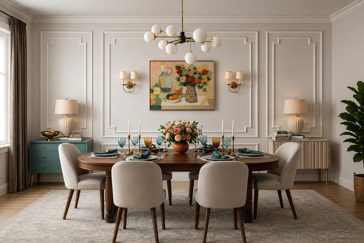 A styled dining room interior featuring a round wooden dining table set with blue plates, glassware, and floral centerpieces, surrounded by six upholstered dining chairs. The room has elegant white paneled walls, a modern multi-light chandelier, wall sconces, a teal sideboard, and a large potted plant.
