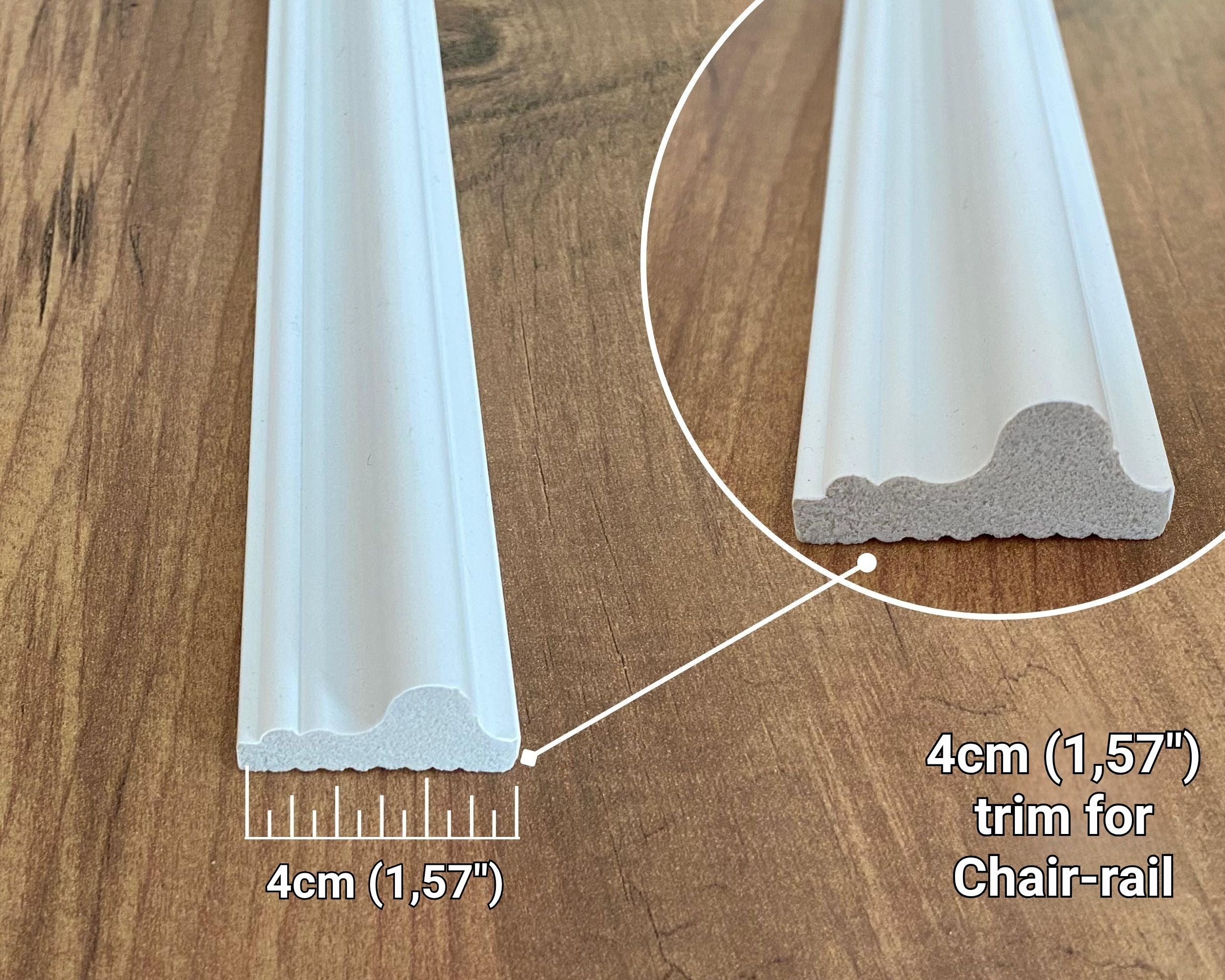White chair rail trim on a wooden floor with a close-up and measurement details.