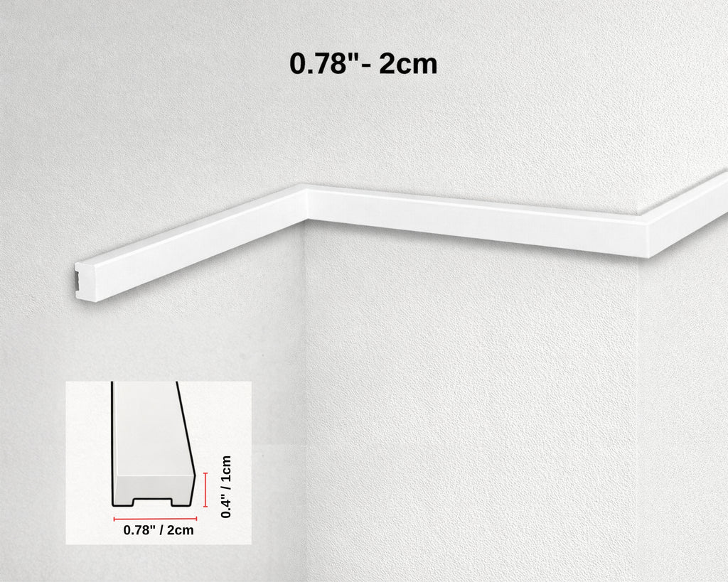 White crown molding on a gray background with measurement details.