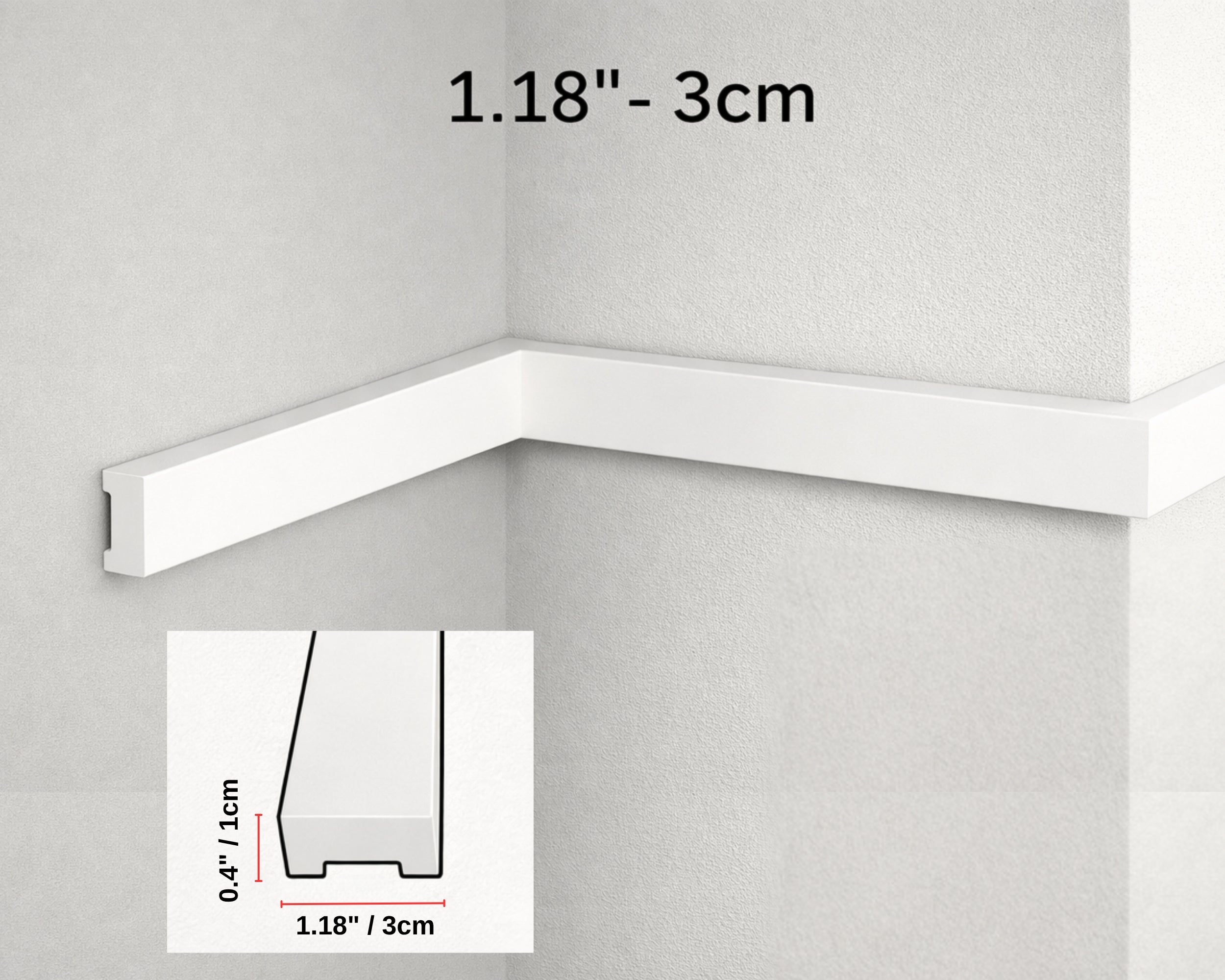 White crown molding on a gray wall with measurements indicated.